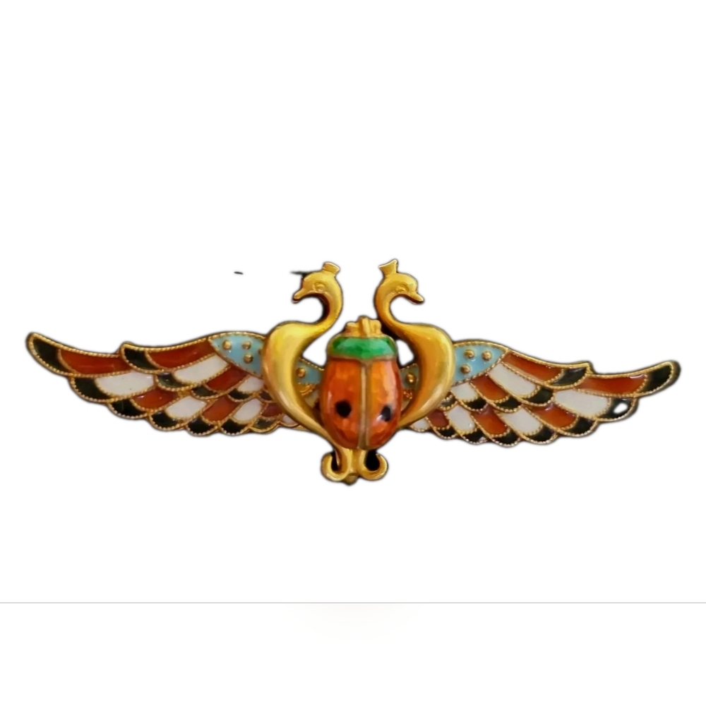 Carter & Gough 14K Gold Antique Egyptian Revival Enamel Winged Scarab Brooch